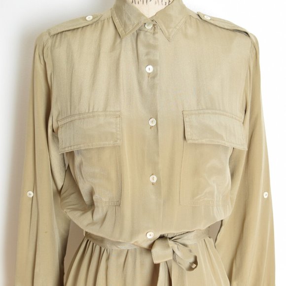 vintage 80s dress beige silk neutral secretary safari midi belted military M - Picture 3 of 7